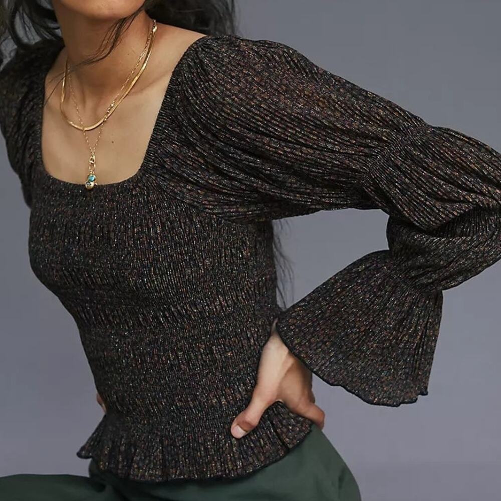 Anthropologie Metalic Shimmer Smocked Puff-Sleeved Top